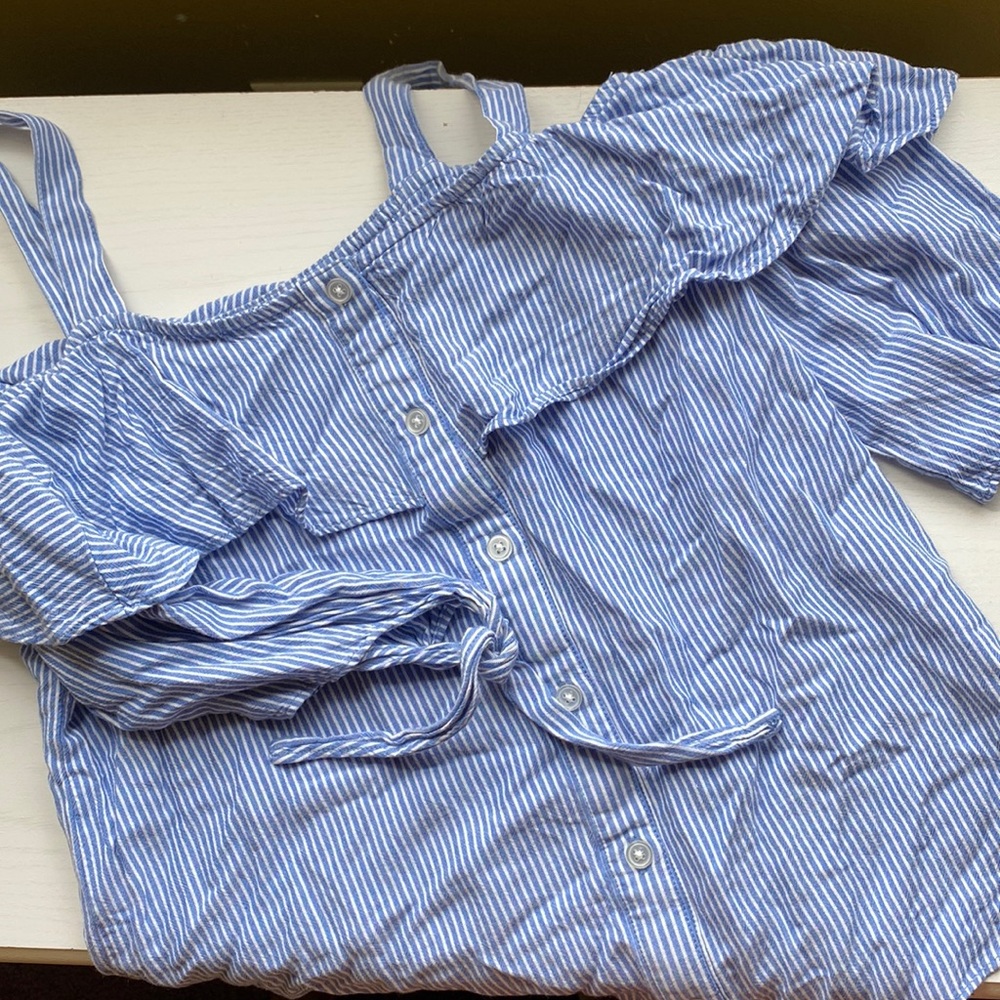 Blue and white striped off the shoulder tank